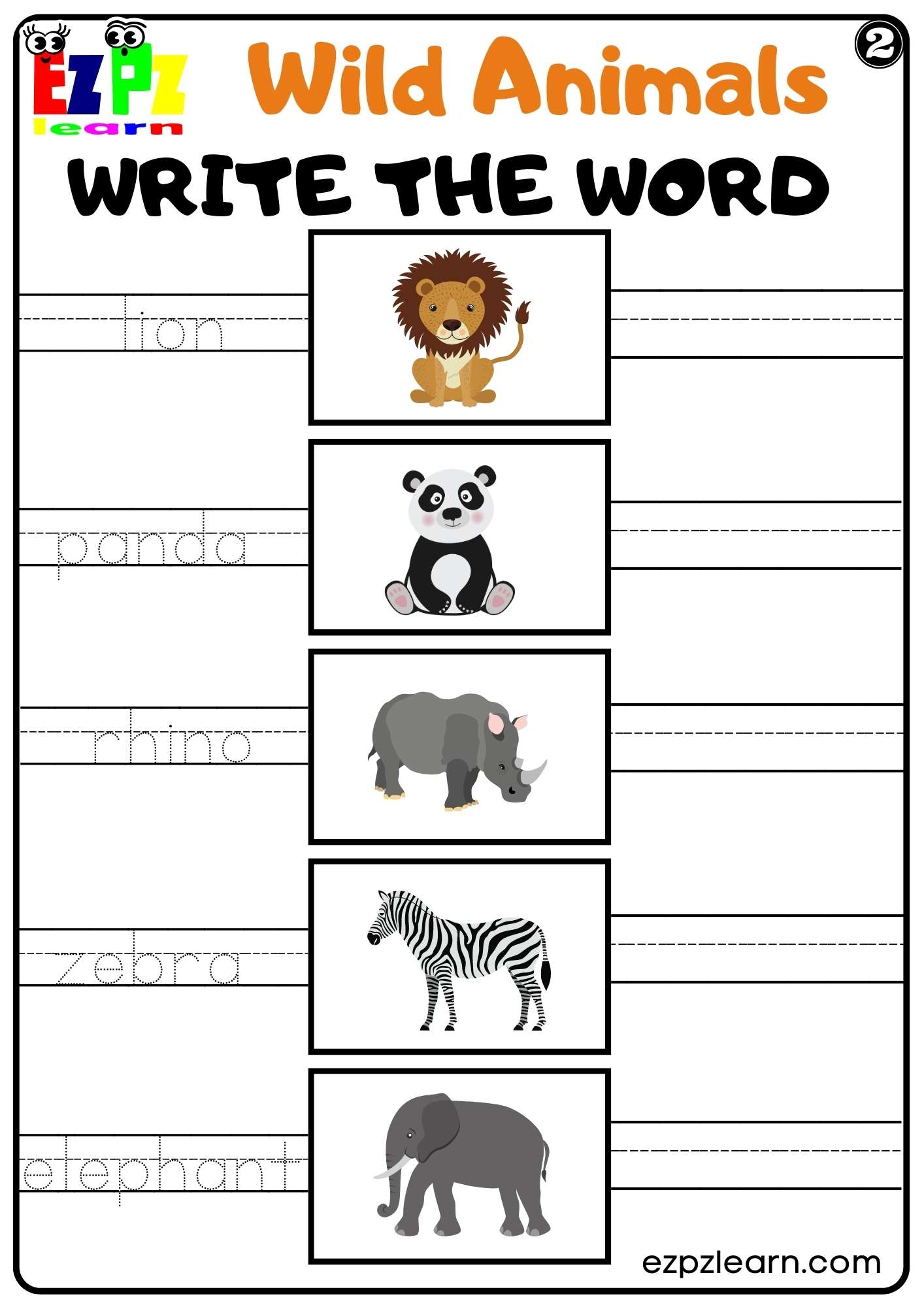 Wild Animals Write the Word Worksheet Set 2 For kids and ESL PDF Download